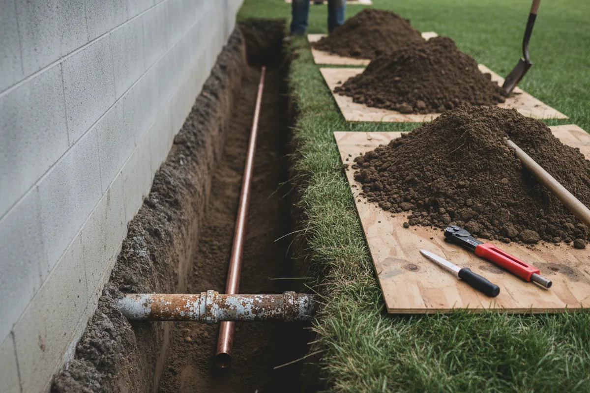 Excavated water line trench during Water Softener Installation in Smoketown